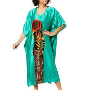 NWT Antthony Originals Green Jacquard Caftan w/ African Woman Artwork Size Large